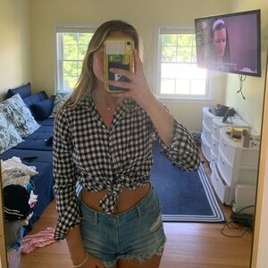 JCREW navy and white gingham blouse